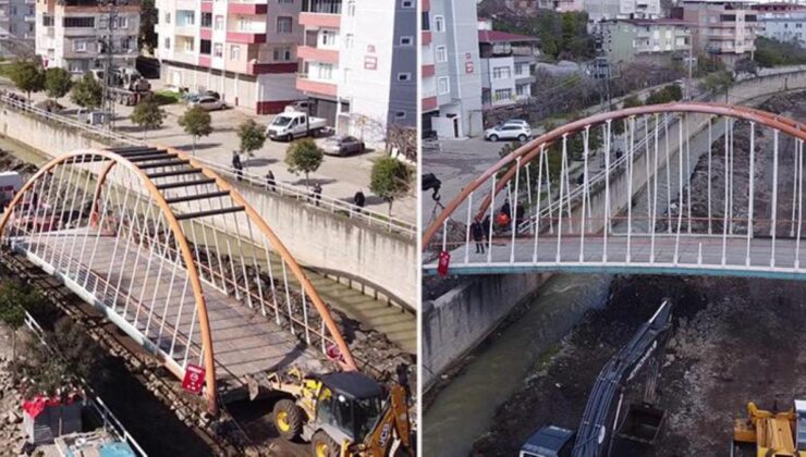 Samsun’da demir köprüyü yeni yerine dereden tırla götürdüler